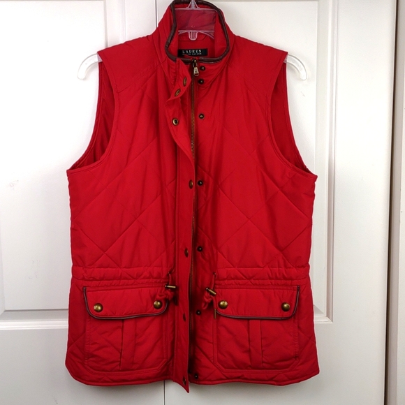 Lauren Ralph Lauren Red Quilted Full Zip Faux Leather Trim Patch Pocket Vest - Picture 9 of 13